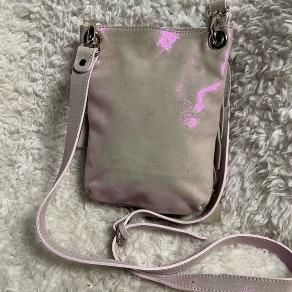 NWOT Maurizio Taiuti leather soft iridescent pink ruffle small crossbody bag - Picture 6 of 11